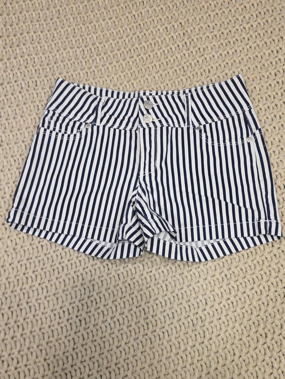 Guess Navy and White Striped Jean Shorts